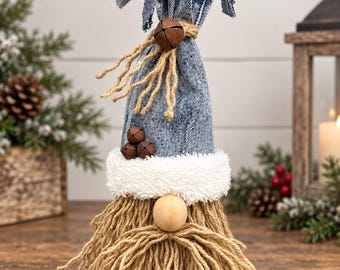 Gnomo de Natal artesanal em jeans – Barba de juta, sinos, decoração estilo fazenda