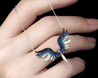 Angel Necklace 925 Sterling Silver Ascending Wings with Zirconia Stones,Silver Archangel Michael Necklace, Angel Wings,  Handmade Jewelry