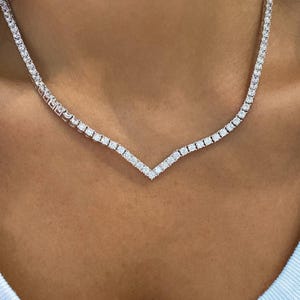 925 Sterling Silver V Model Tennis Necklace, Tennis Choker Necklace, 925 sterling, Wedding Jewelry, Summer Gift Jewelry, Birthday Stone