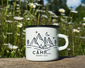 Camp more worry less Enamel mug, mountain camping mug, trending mug, gift for hiker, outdoor lover gift, hiking gift, camping coffee mug