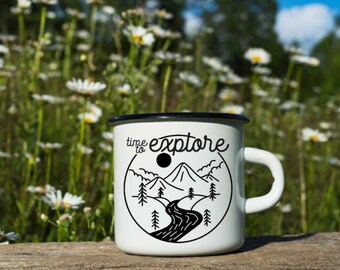 Time to explore Enamel mug, mountain camping mug, trendy mug, gift for hiker, outdoor lover gift, hiking gift, camping coffee mug, roadtrip