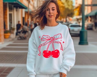 Cherry and Bow Sweatshirt, Cute Coquette Design, Unisex Sweater, Comfy aesthetic sweatshirt, Gift for Cherry Lovers, Cherry Bow Pullover