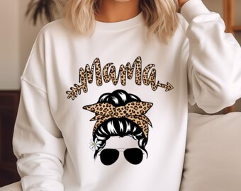 Messy bun mom sweatshirt, leopard mom tee, gift for women, cute mom shirt, trendy mama shirt, Mothers day gift, mama sweat, baby shower gift