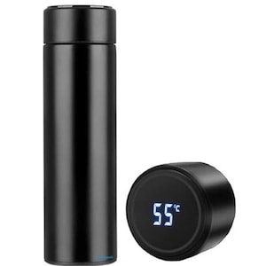 May include: Black stainless steel water bottle with a digital temperature display showing 55 degrees Celsius. The bottle has a sleek, modern design.