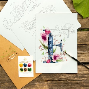 FLORAL WATERCOLOR LETTERS sheets ready to paint. Set of 3 watercolor pages + brush + 6 colors watercolors dot card. Gift kit for beginners