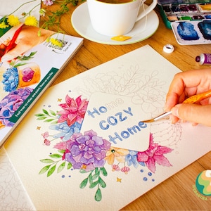 Libro da colorare WATERCOLOR per adulti. Fai da te, dipingi fiori ad acquerello e fogli di lettering stampati su carta per acquerelli.