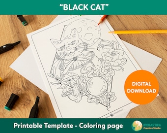 Página para colorear de gato negro de Halloween: Plantilla imprimible (PDF)