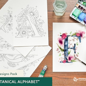 ALFABETO BOTANICO stampabile - 26 modelli di lettere e fiori da colorare, realizzare progetti artigianali o da ricalcare su carta da acquerello per realizzare biglietti.