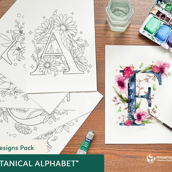 ALPHABET BOTANIQUE Imprimable - 26 modèles de lettres et de fleurs pour la coloration, les projets d’artisanat ou le traçage en papier aquarelle pour la fabrication de cartes.