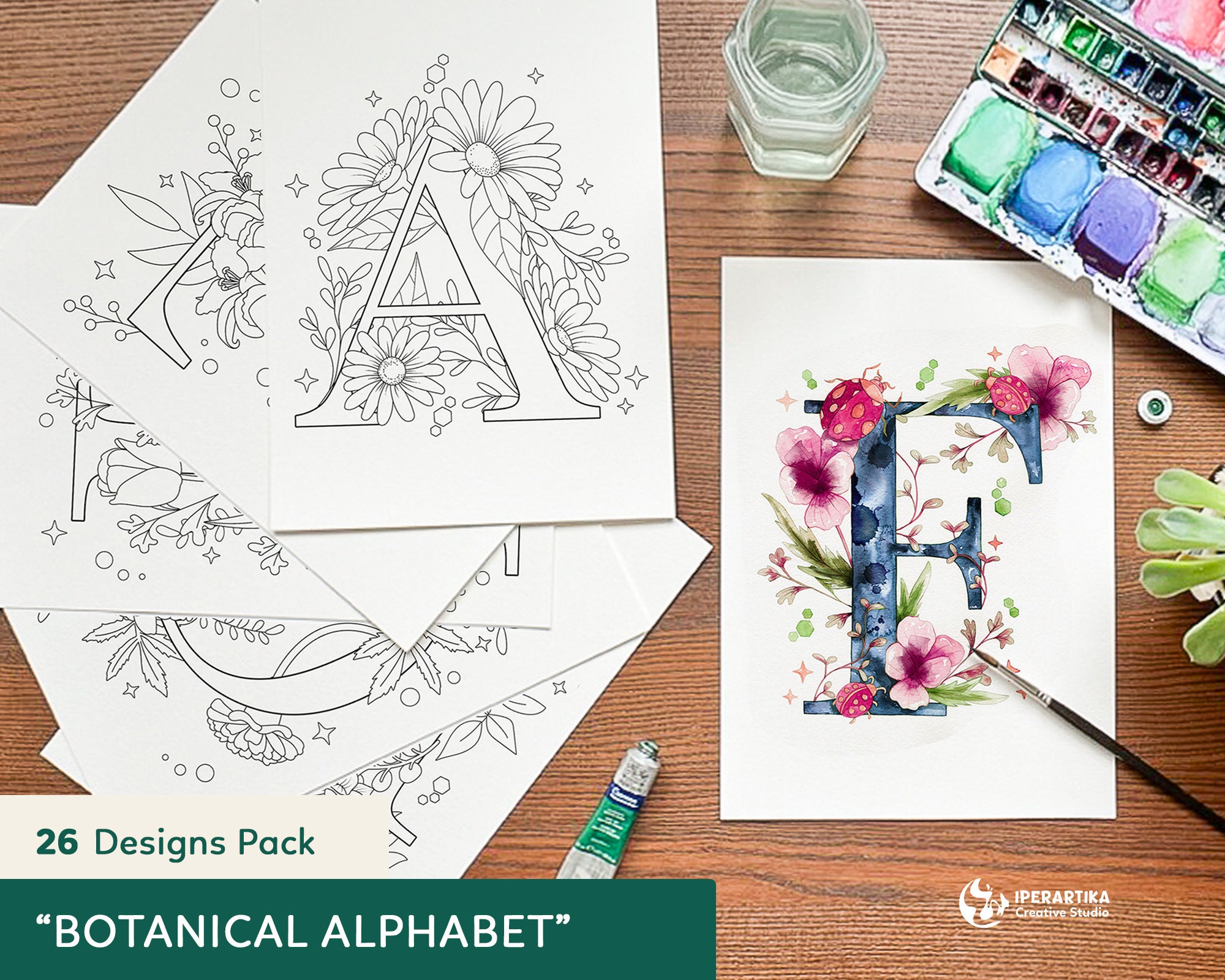 Botanical Alphabet Watercolor Templates / Floral Letter Coloring Pages   (PDF Download)