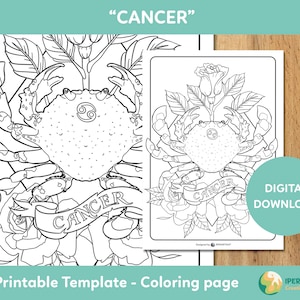 PÁGINA PARA COLOREAR de Cáncer imprimible / páginas para colorear signos del zodíaco / Hojas para colorear descarga digital / Colorear para adultos / Página para colorear pdf