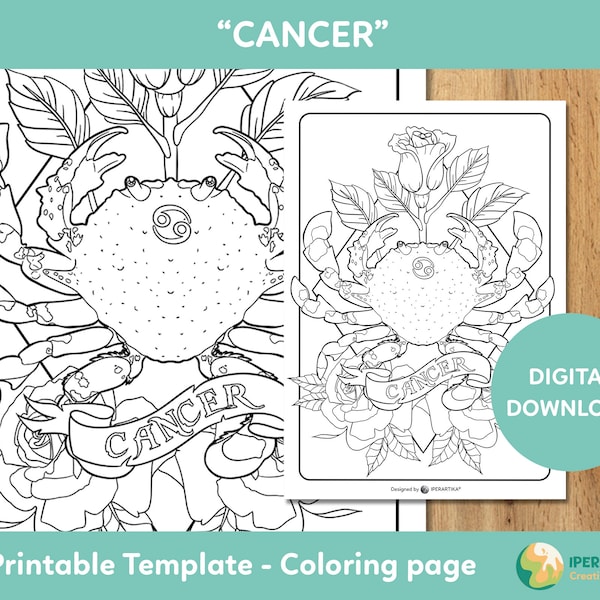 Cancer COLORING PAGE printable | zodiac signs coloring pages | Coloring sheets digital download | Coloring for adults | Coloring page pdf