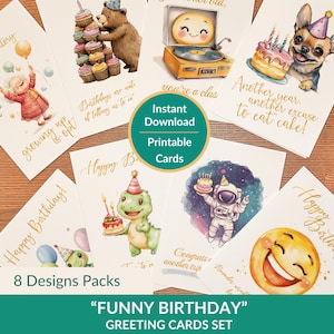 Cartões de Aniversário Engraçados para Imprimir. Pacote de cartões de felicitações, Cartão de Aniversário em Aquarela Bonito, Impressão de Cartão de Felicitações DIY em Casa, Download Instantâneo