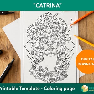 Catrina COLORING PAGE printable | Halloween coloring pages | Coloring sheets digital download | Coloring for adults |Coloring page pdf