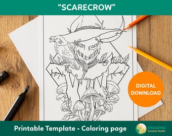 Scarecrow COLORING PAGE printable | Halloween coloring pages | Coloring sheets digital download | Coloring for adults |Coloring page pdf