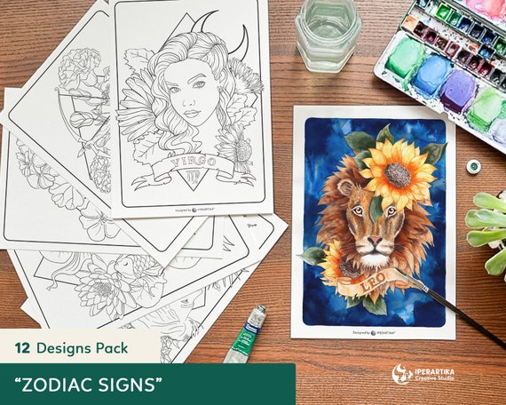 Zodiac Signs TEMPLATES for Watercolor Painting. Horoscope COLORING Pages.  Astrology Coloring Book PDF Printable. 