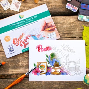 Aquarell POSTKARTEN Buch zum Bemalen - 20er Set | Kartenbündel, süße Karten, Kunstgeschenk. Vorgezeichnete Designs.