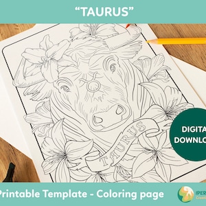 COLORITOU.COM du Taureau à imprimer | à colorier des signes du zodiaque | Feuilles à colorier en téléchargement numérique | Coloriage pour adultes | Coloriage pdf