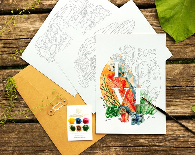 Artist Kit SET of 3 Watercolor pages with pre traced designs + watercolor brush + watercolor dot card. Perfect gift craft kit for adults.