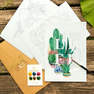 SET di fogli da pittura ACQUERELLO Botanicals. Kit per artisti con 3 pagine di pittura ad acquerello, pennello e cartoncino a punti. Kit fai-da-te per adulti.