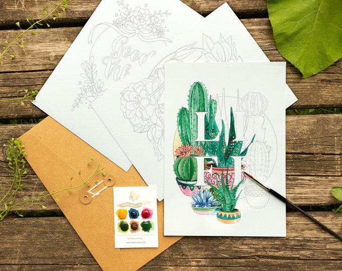 Botanicals WATERCOLOR coloring sheets SET. Artist Kit with 3 watercolor painting pages, brush and dot card. DIY art craft kit for adults.