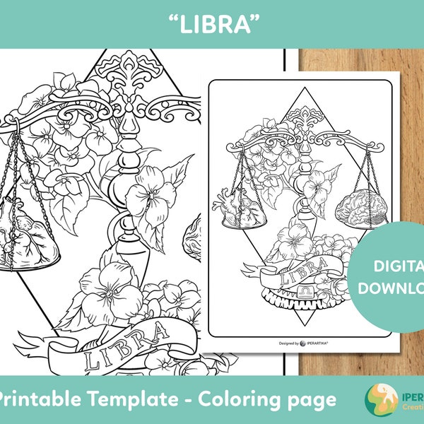 Libra COLORING PAGE printable | zodiac signs coloring pages | Coloring sheets digital download | Coloring for adults | Coloring page pdf
