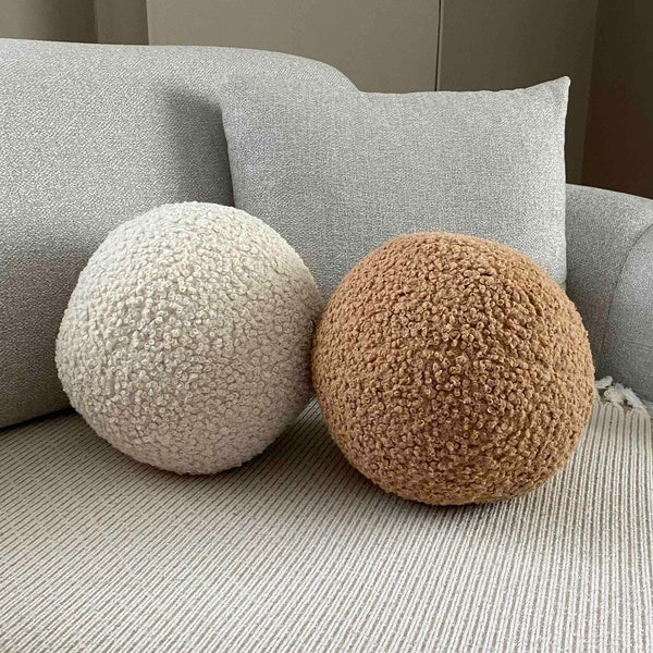 Teddy Boucle Ball Pillow - Brown Teddy Ball Cushion - Teddy Bear Fabric - Boucle Ball Pillow -  Boucle Pillow - Unique Pillow - Ball Pillow