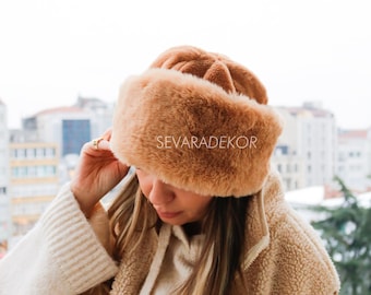 Golden Brown Faux Fur Hat  - Russian Fur Hat - Plush Hat - Hat For Winter - Cossack - Rabbit Fur Hat - Beret - Russian Hat - Fox Fur