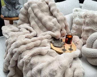 Beige Fur Blanket - Luxury Fur Throw Blanket - Rabbit Fur Blanket - Throw Blanket - Plush Blanket - Faux Fur Bedspread - Faux Fur Blanket