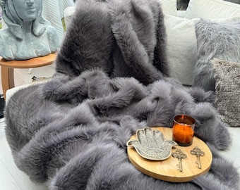 Anthracite Fur Blanket - Luxury Faux Fur Throw Blanket - Rabbit Fur Blanket - Throw Blanket - Plush Blanket - Fur Bedspread - Fur Blanket