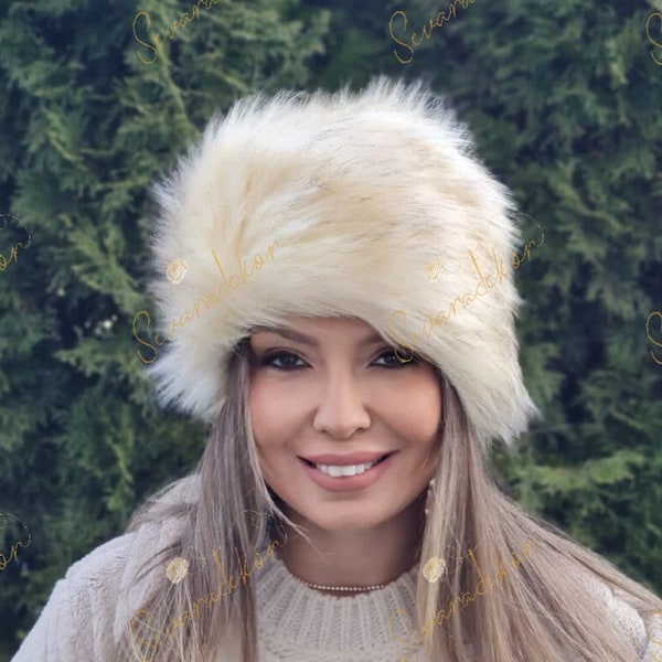 Cream Faux Fur Hat with Black Tips - Russian Fur Hat - Plush Hat - Hat For Winter - Cossack - Rabbit Fur Hat - Beret - Russian Hat - Fox Fur