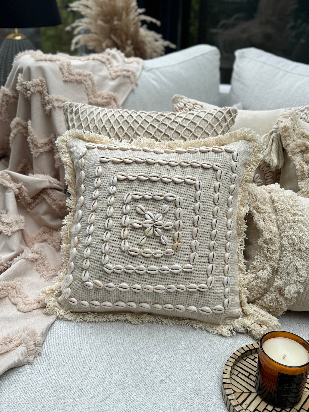 Linen Pillow Case With Shell and Tassels Gifts for Mom Throw