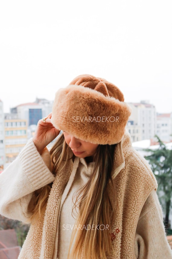 Golden Brown Faux Fur Hat - Russian Fur Hat - Plush Hat  display picture 2