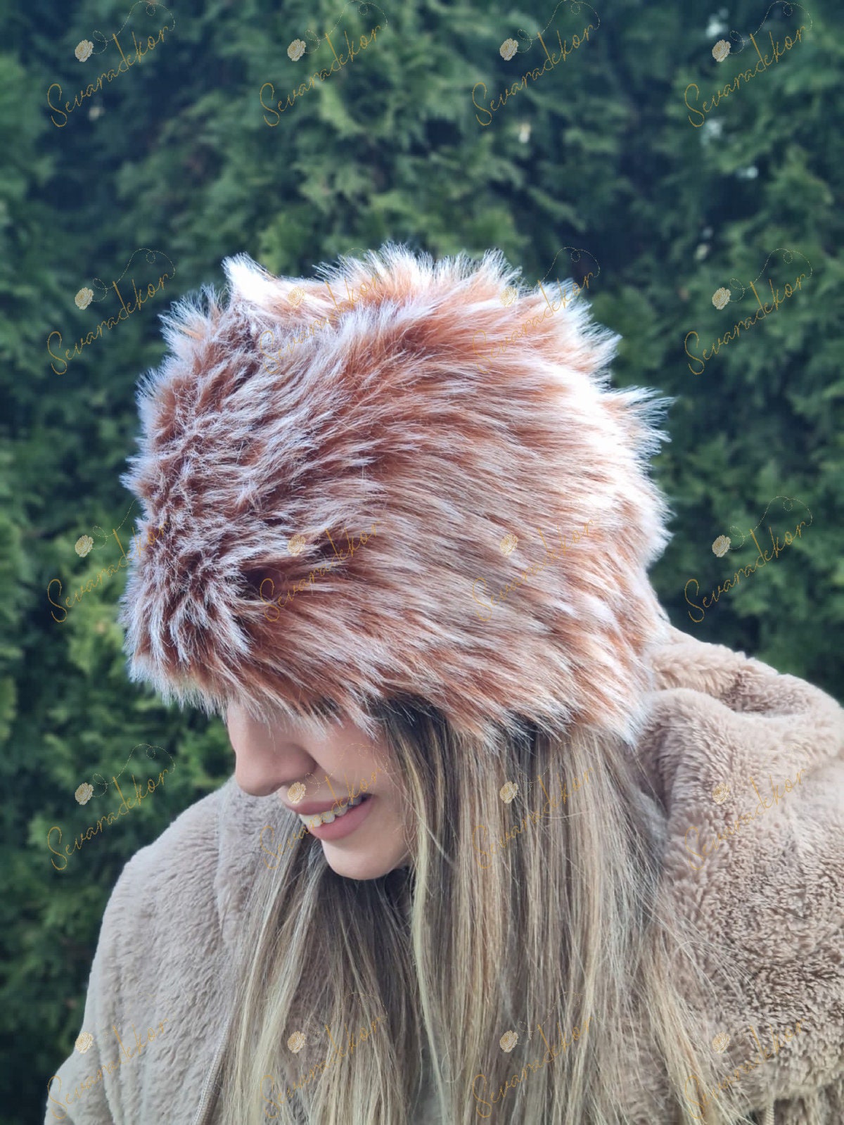 Brick Faux Fur Hat With White Tips - Russian Fur Hat - Plush Hat