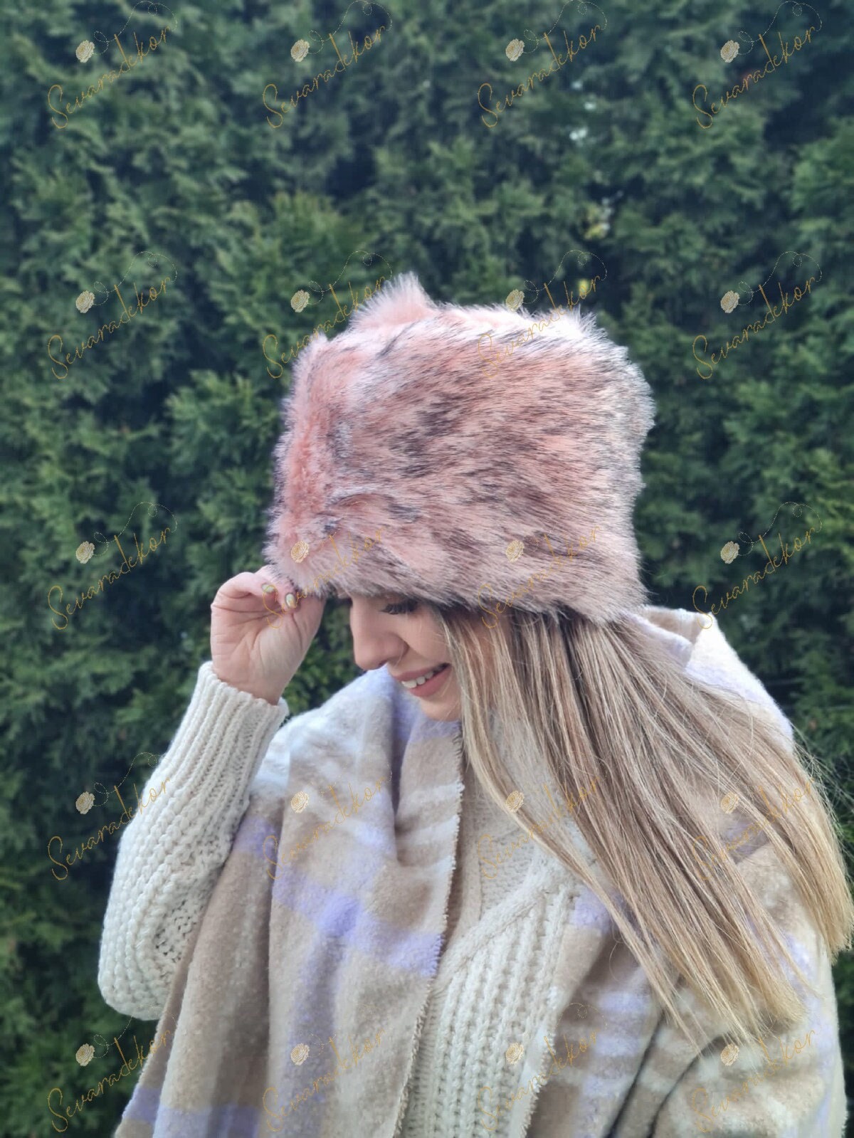 Pink Faux Fur Hat With Black Tips - Russian Fur Hat - Plush 