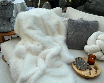 White Fur Blanket - Luxury Faux Fur Throw Blanket - Rabbit Fur Blanket - Throw Blanket - Plush Blanket - Fur Bedspread - Faux Fur Blanket