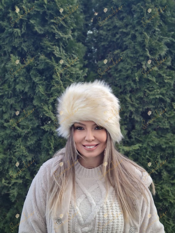 Cream Faux Fur Hat With Black Tips - Russian Fur Hat - Plush Hat