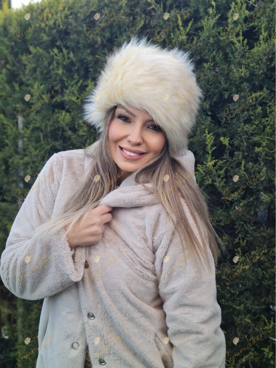 Cream Faux Fur Hat With Black Tips - Russian Fur Hat - Plush Hat