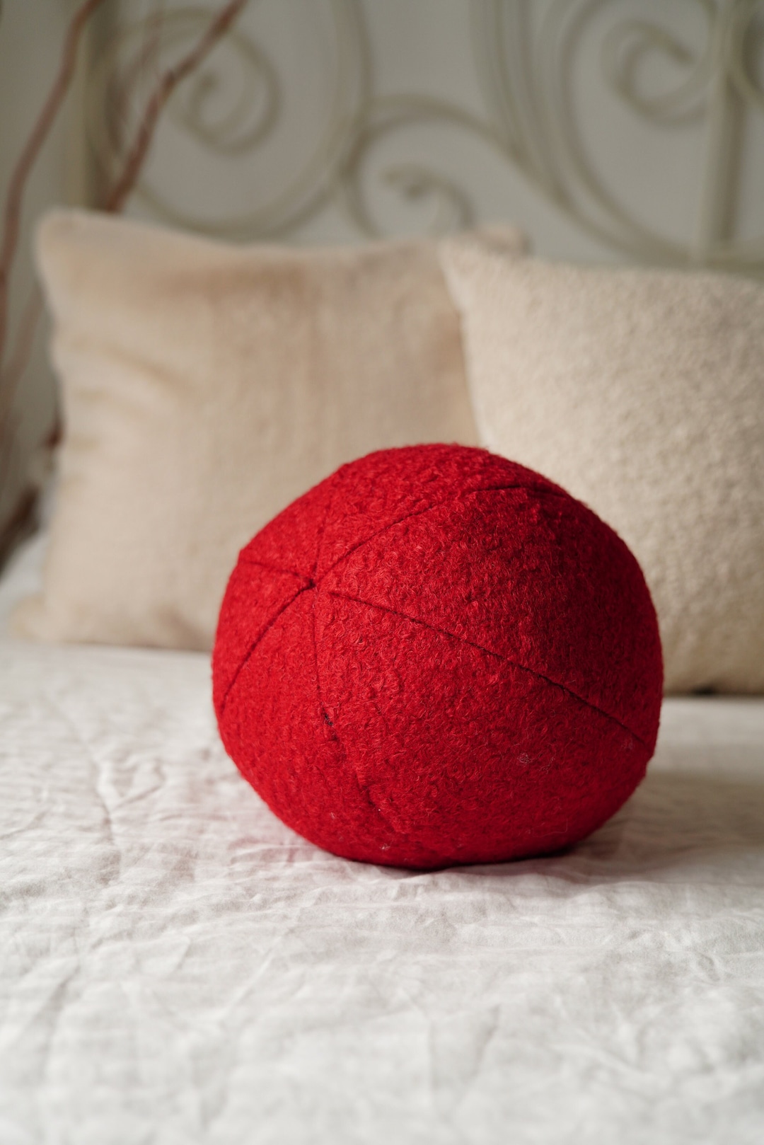Teddy Boucle Ball Pillow Red Teddy Ball Cushion Teddy Bear Fabric Bench