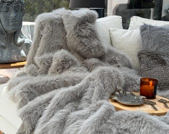 Gray Fur Blanket - Luxury Faux Fur Throw Blanket - Rabbit Fur Blanket - Throw Blanket - Plush Blanket - Fur Bedspread - Faux Fur Blanket