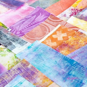 Papier peint pour collage, multicolore, papier peint à la main, technique mixte, paquet de papier, rouge, rose, orange, jaune, bleu, violet, vert, sarcelle