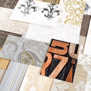 May include: A collection of patterned wallpaper samples in various colors and designs, including paisley, floral, and geometric patterns.