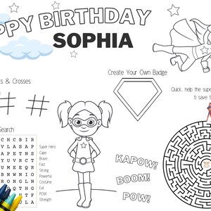 Super Hero Activity and Colouring Sheet, Placemat, party bag printable digital PDF image 2