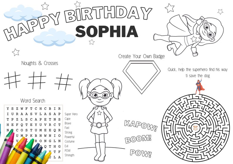 Super Hero Activity and Colouring Sheet, Placemat, party bag printable digital PDF image 2