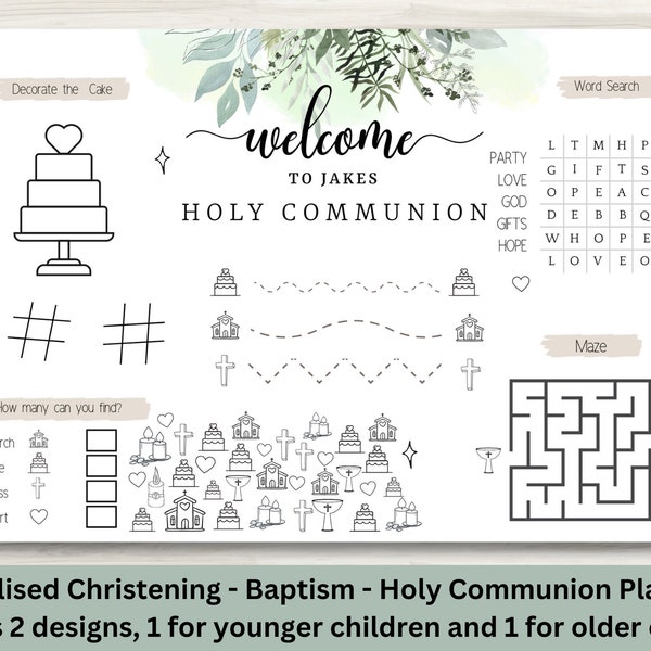PERSONALISED Baptism, Christening, Holy Communion, Party Placemat, Activity Sheet, INCLUDES 2 DESIGNS for younger kids & older kids
