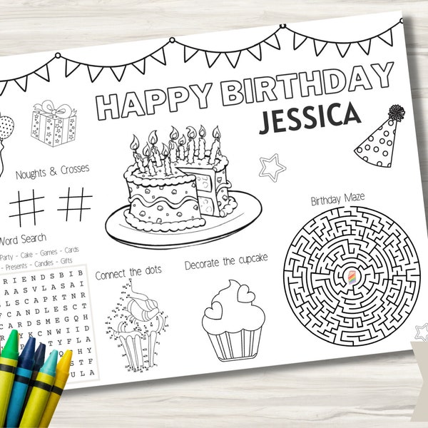 Napperon personnalisé de fête d’anniversaire | Tapis de coloriage d’anniversaire pour enfants | Feuille d’activité gâteau d’anniversaire | Custom Loot Bag Party Favor PDF imprimable