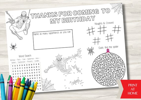 Spiderman Birthday Party Placemat Kids Activity Coloring - Etsy