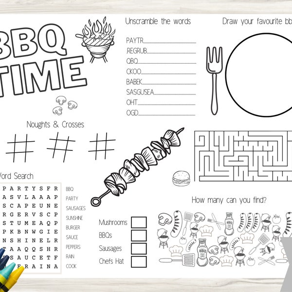 BBQ Activity and Colouring Placemat - 2x Designs inc - Kids Parties, Summer events and BBQ's - Instant Download - Print at Home