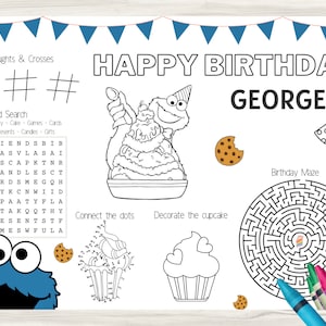 Cookie Monster Birthday Party Activity Sheet - PERSONALISED