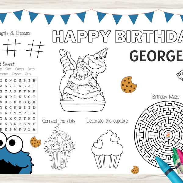 Cookie Monster Birthday Party Activity Sheet - PERSONALISED